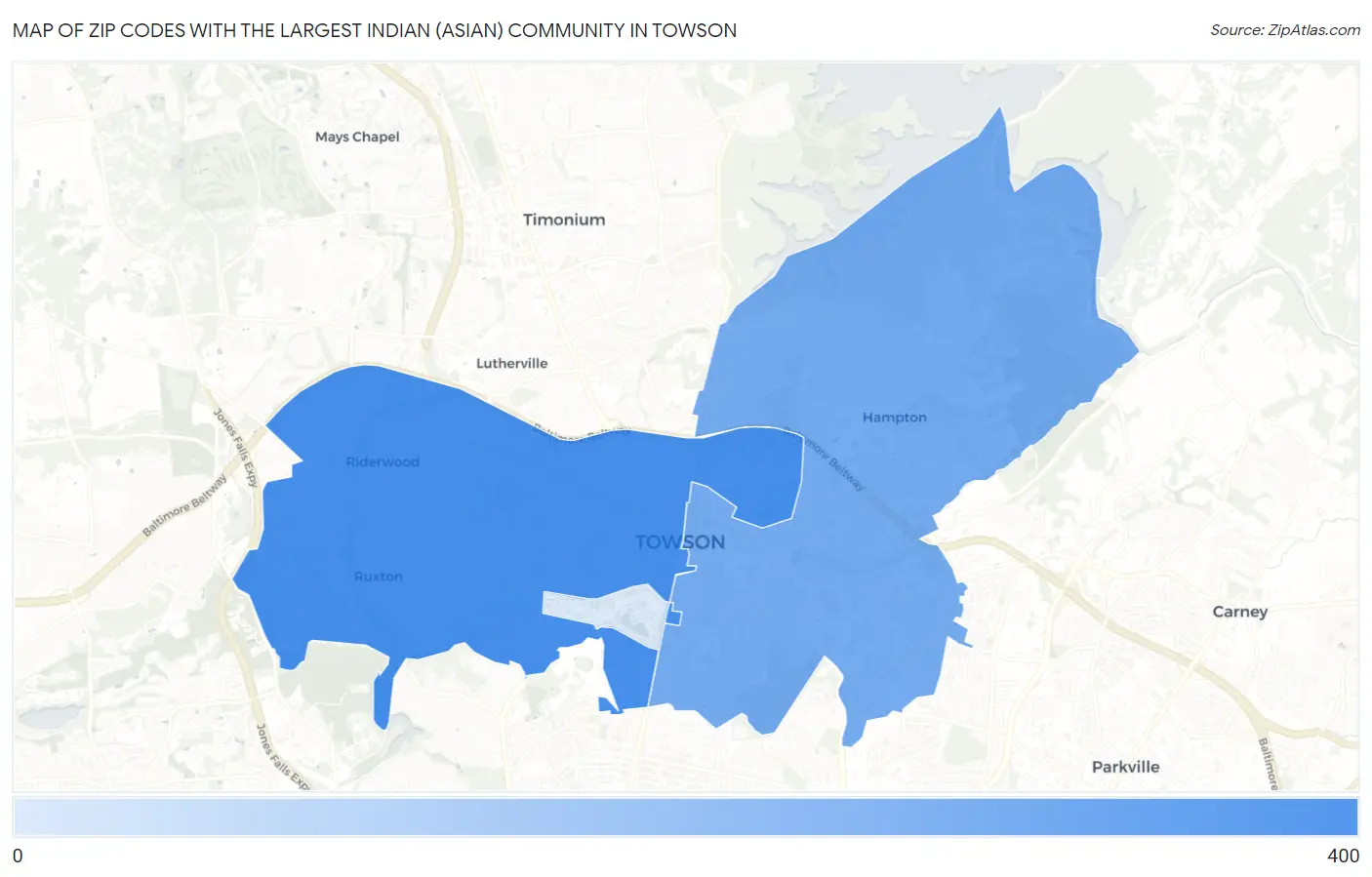 Zip Codes with the Largest Indian (Asian) Community in Towson Map