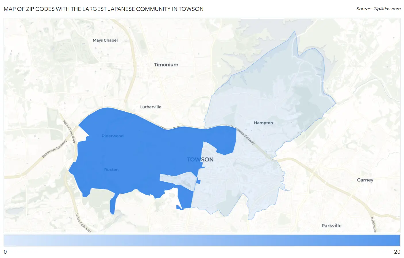 Zip Codes with the Largest Japanese Community in Towson Map
