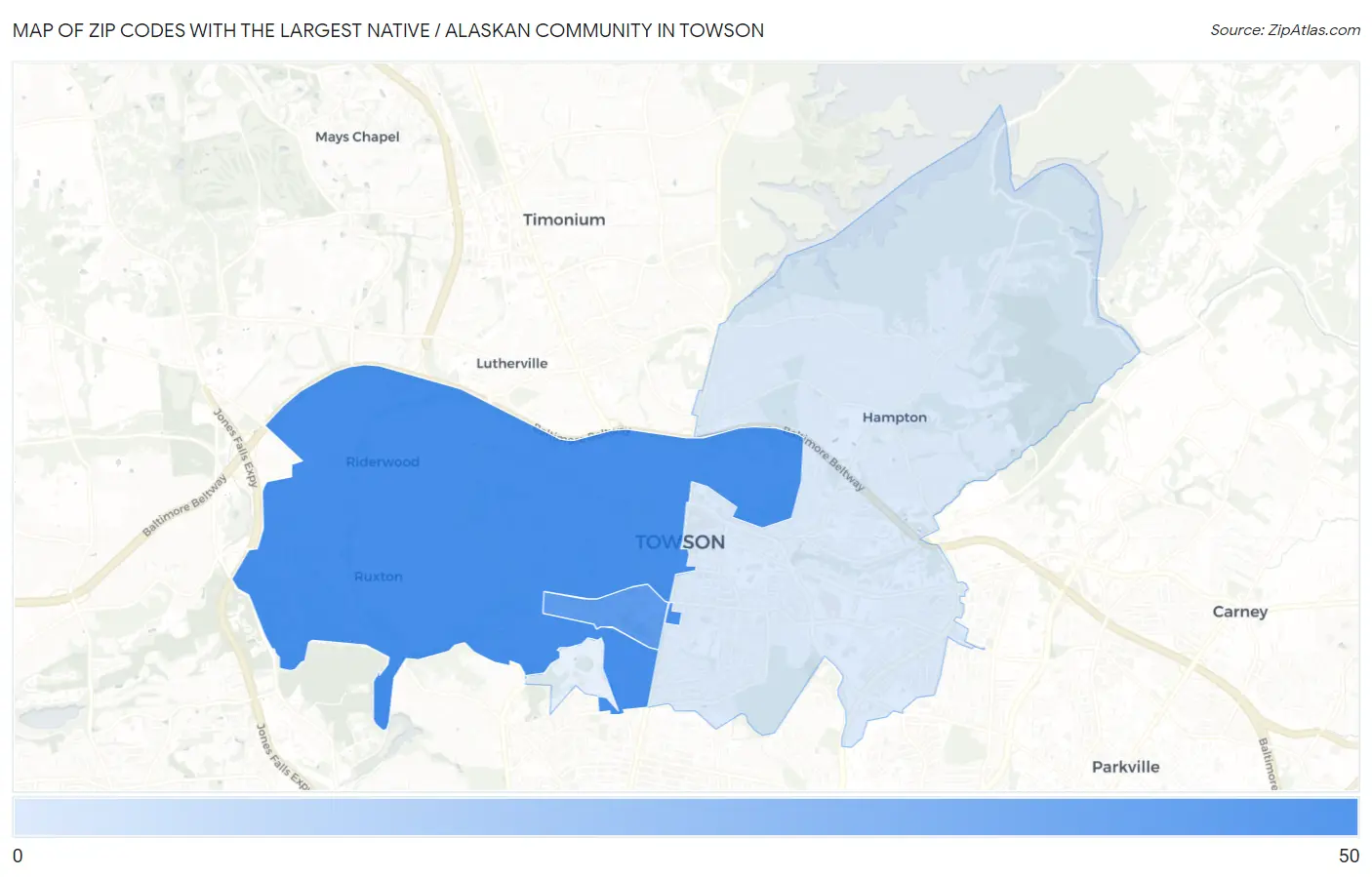 Zip Codes with the Largest Native / Alaskan Community in Towson Map