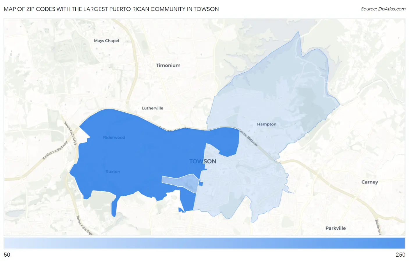 Zip Codes with the Largest Puerto Rican Community in Towson Map
