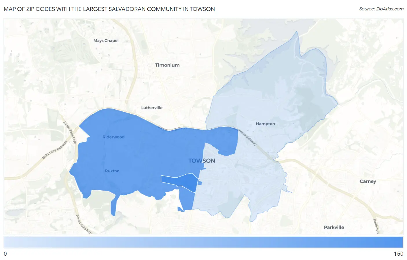 Zip Codes with the Largest Salvadoran Community in Towson Map