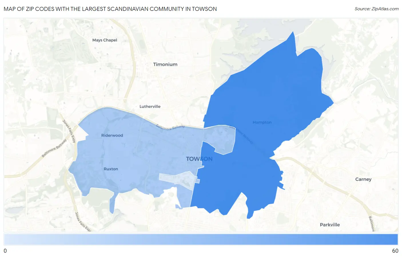 Zip Codes with the Largest Scandinavian Community in Towson Map