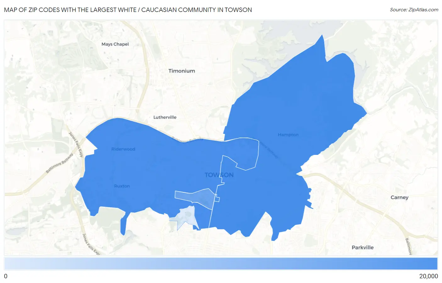 Zip Codes with the Largest White / Caucasian Community in Towson Map