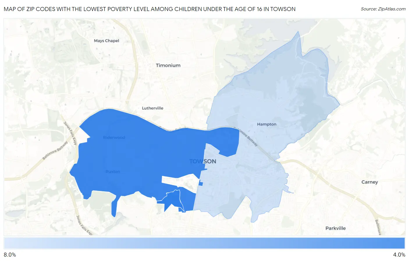 Zip Codes with the Lowest Poverty Level Among Children Under the Age of 16 in Towson Map