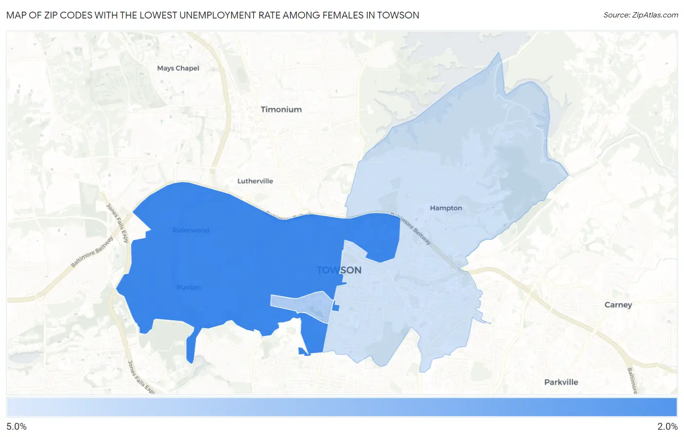 Zip Codes with the Lowest Unemployment Rate Among Females in Towson Map