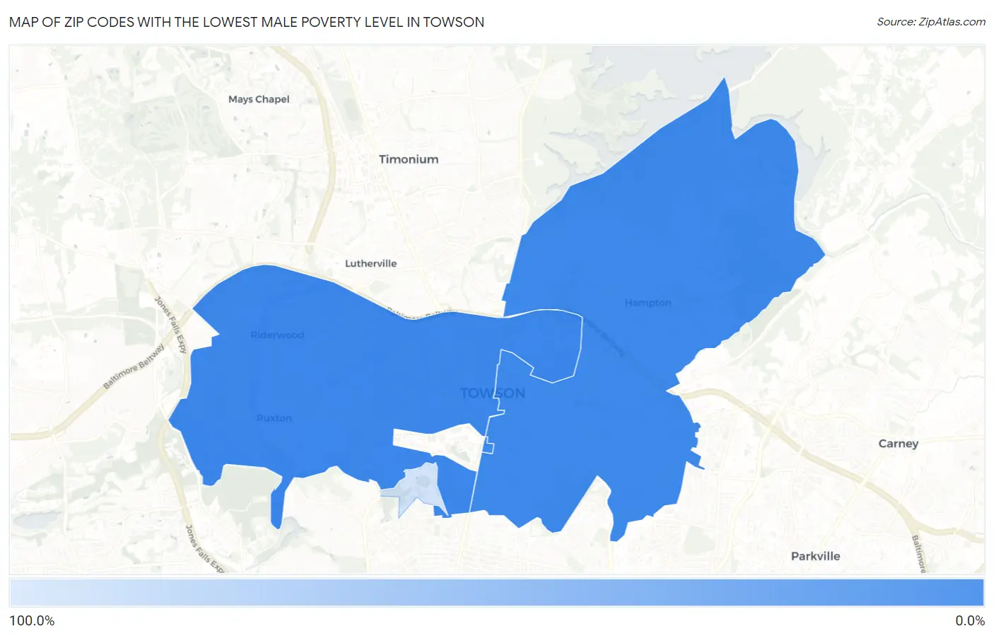 Zip Codes with the Lowest Male Poverty Level in Towson Map