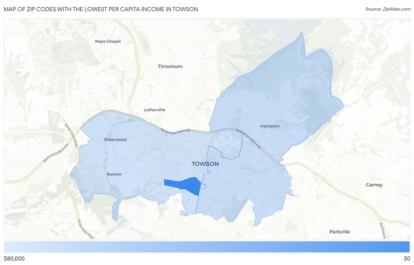 Zip Codes with the Lowest Per Capita Income in Towson Map