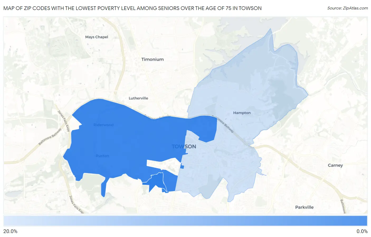 Zip Codes with the Lowest Poverty Level Among Seniors Over the Age of 75 in Towson Map