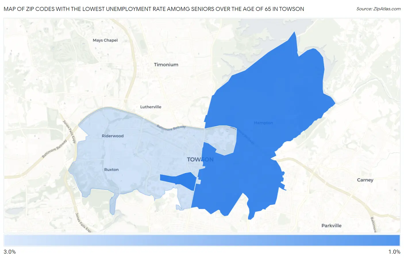Zip Codes with the Lowest Unemployment Rate Amomg Seniors Over the Age of 65 in Towson Map