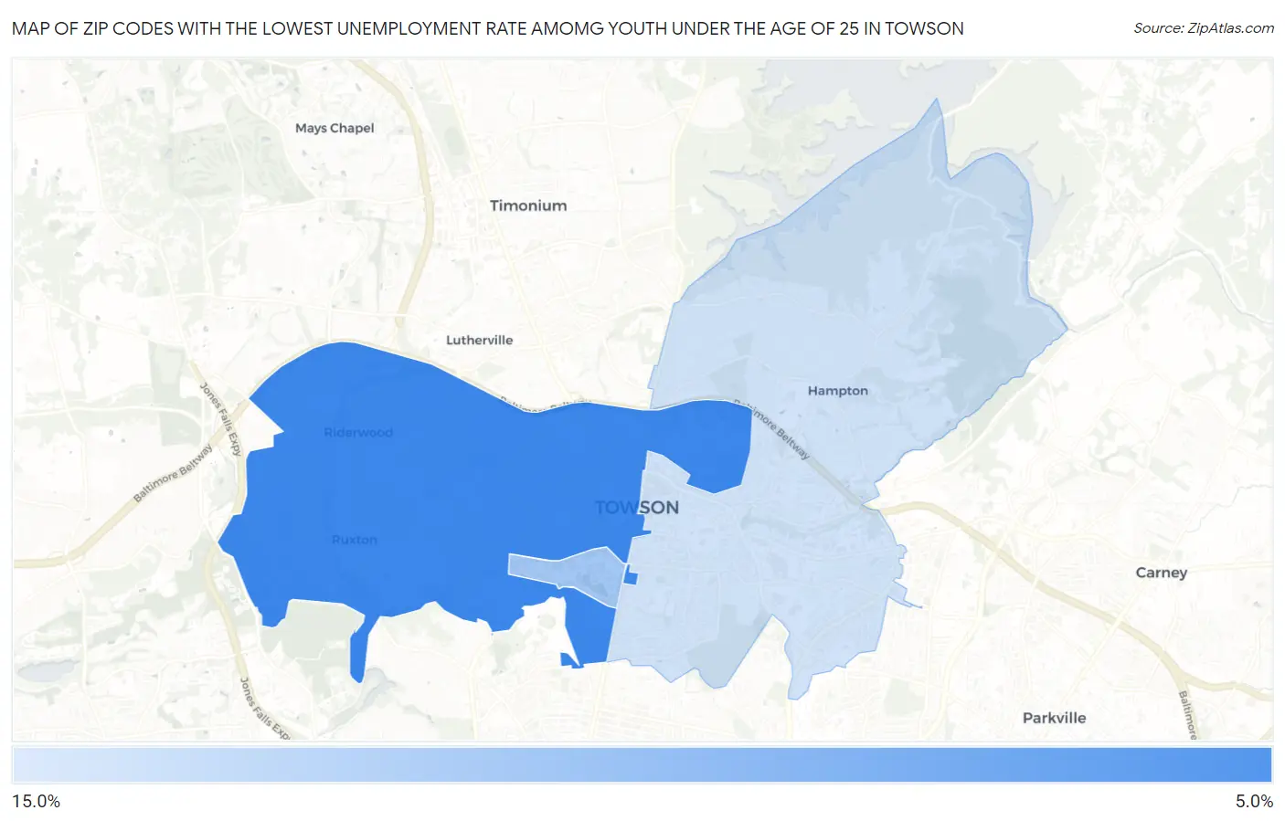 Zip Codes with the Lowest Unemployment Rate Amomg Youth Under the Age of 25 in Towson Map