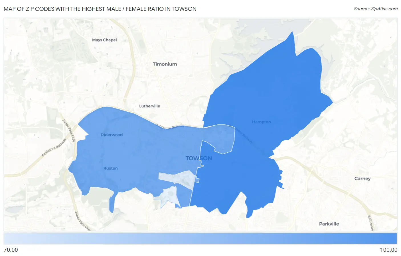 Zip Codes with the Highest Male / Female Ratio in Towson Map