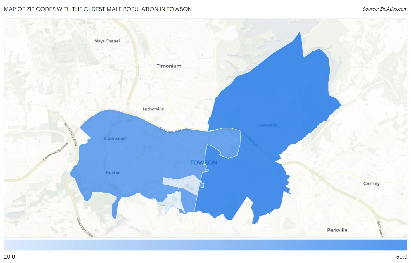 Zip Codes with the Oldest Male Population in Towson Map