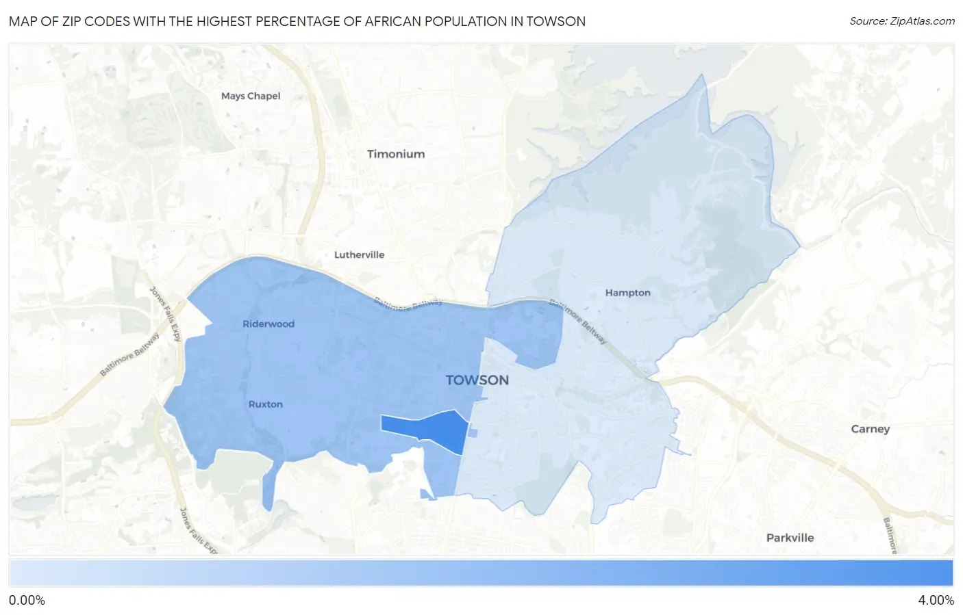 Zip Codes with the Highest Percentage of African Population in Towson Map