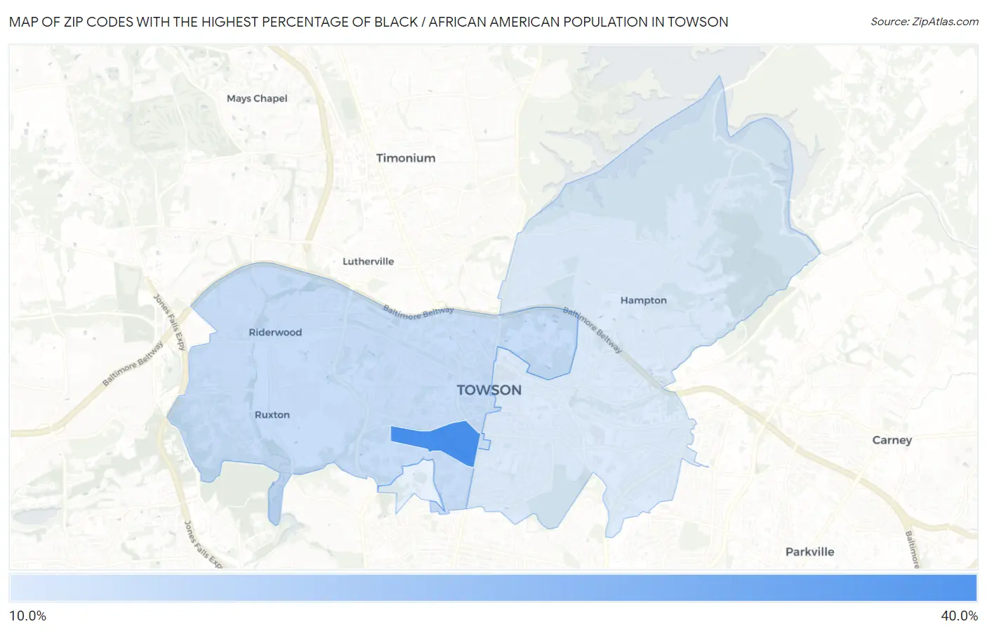 Zip Codes with the Highest Percentage of Black / African American Population in Towson Map