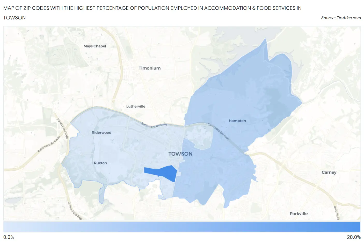 Zip Codes with the Highest Percentage of Population Employed in Accommodation & Food Services in Towson Map