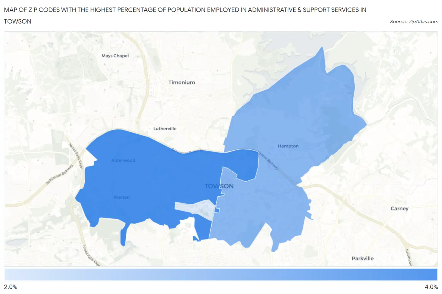 Zip Codes with the Highest Percentage of Population Employed in Administrative & Support Services in Towson Map
