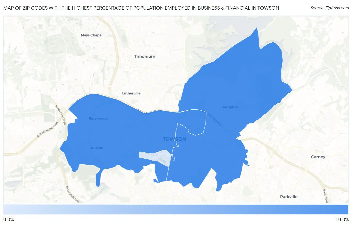 Zip Codes with the Highest Percentage of Population Employed in Business & Financial in Towson Map