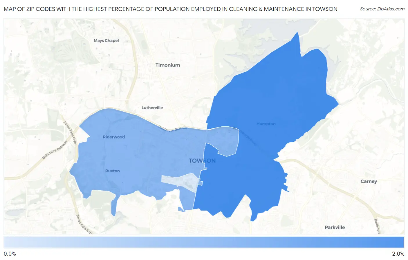 Zip Codes with the Highest Percentage of Population Employed in Cleaning & Maintenance in Towson Map