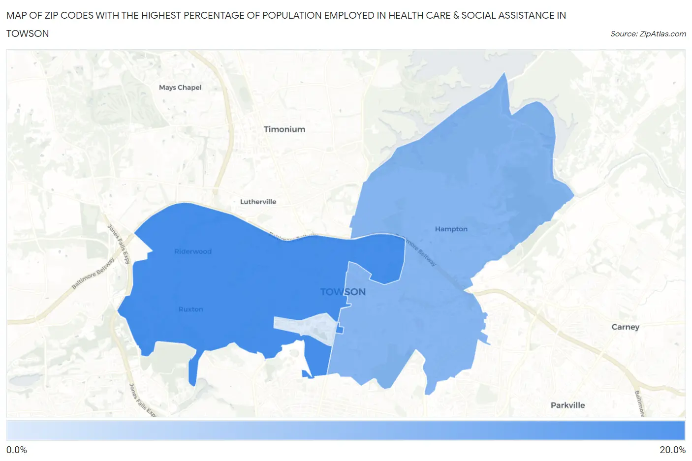 Zip Codes with the Highest Percentage of Population Employed in Health Care & Social Assistance in Towson Map