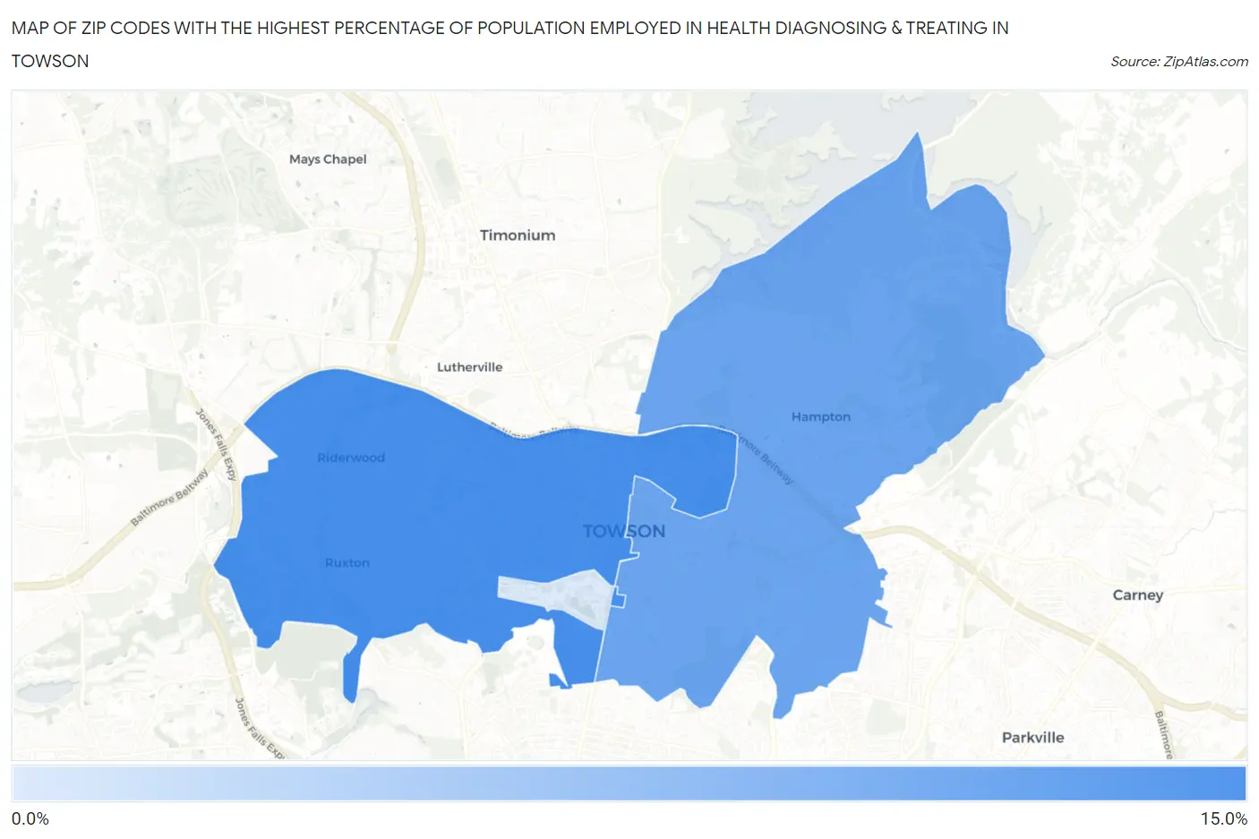 Zip Codes with the Highest Percentage of Population Employed in Health Diagnosing & Treating in Towson Map
