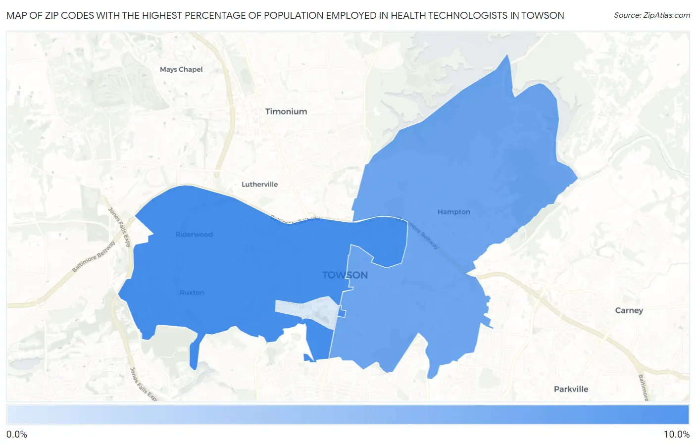 Zip Codes with the Highest Percentage of Population Employed in Health Technologists in Towson Map