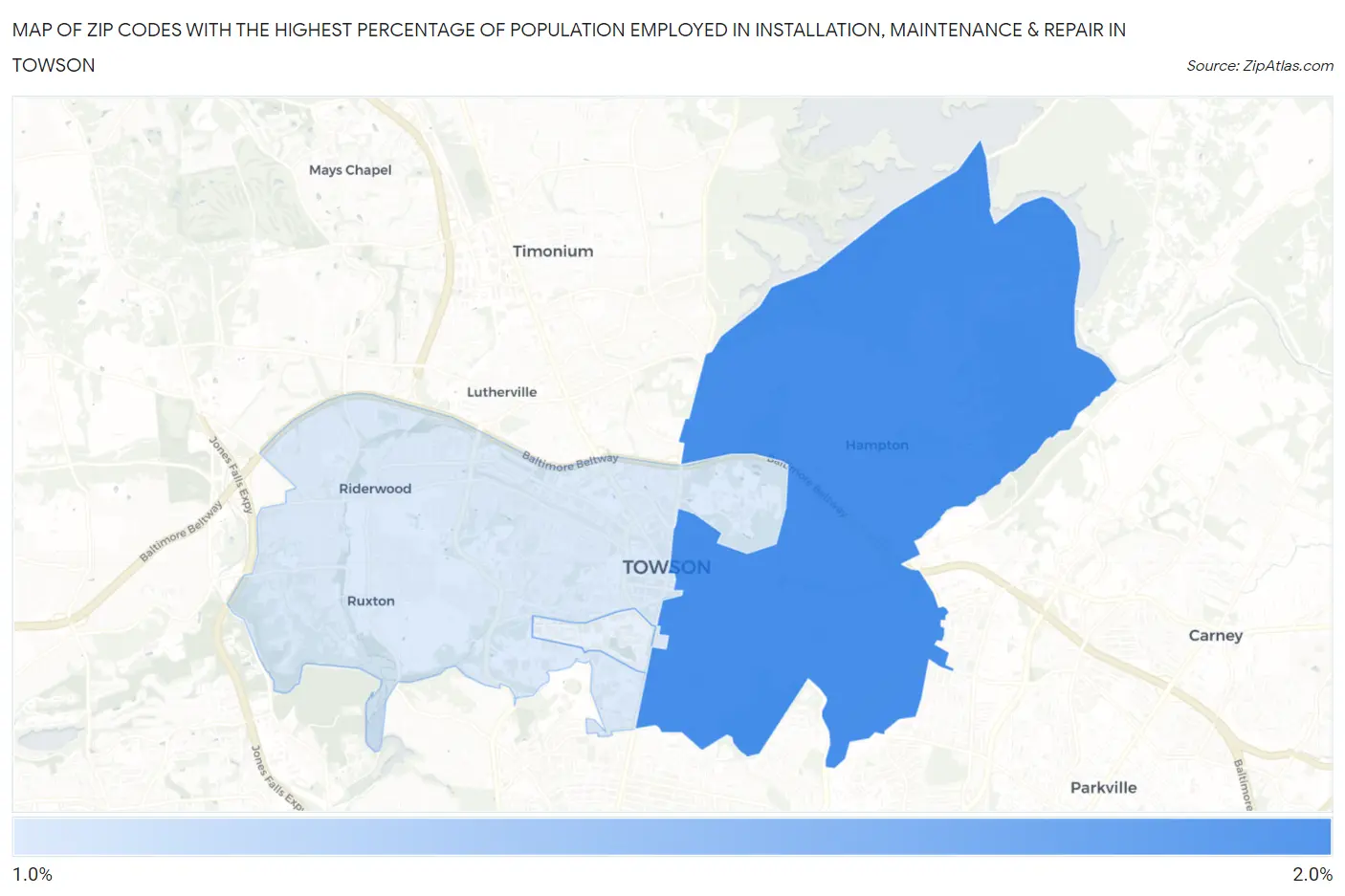 Zip Codes with the Highest Percentage of Population Employed in Installation, Maintenance & Repair in Towson Map