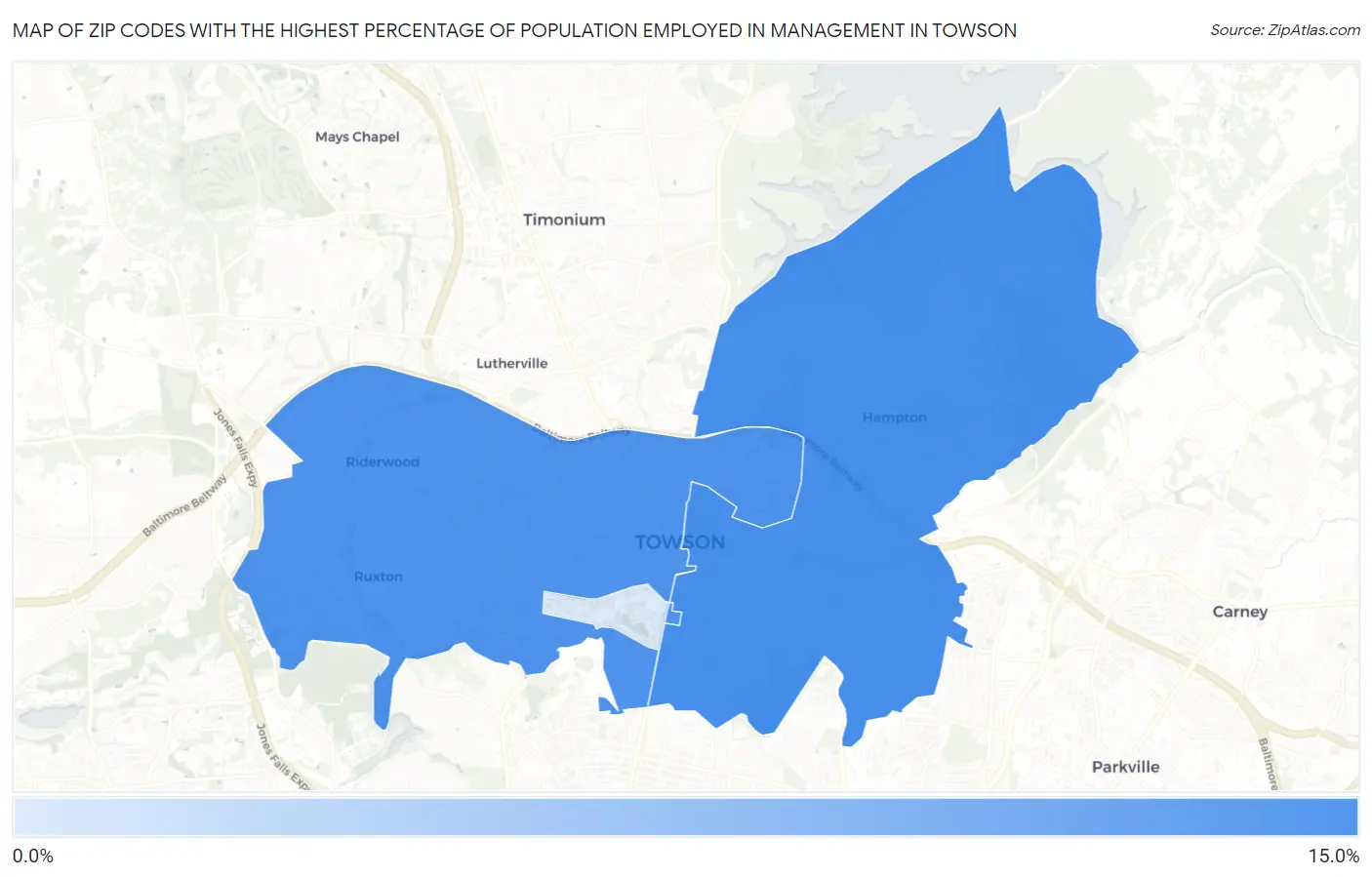 Zip Codes with the Highest Percentage of Population Employed in Management in Towson Map
