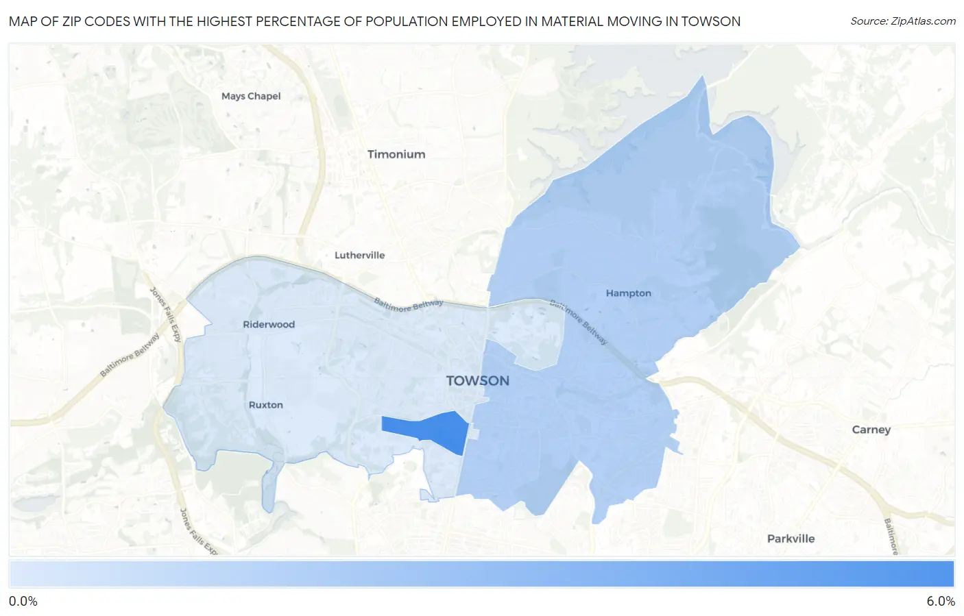 Zip Codes with the Highest Percentage of Population Employed in Material Moving in Towson Map