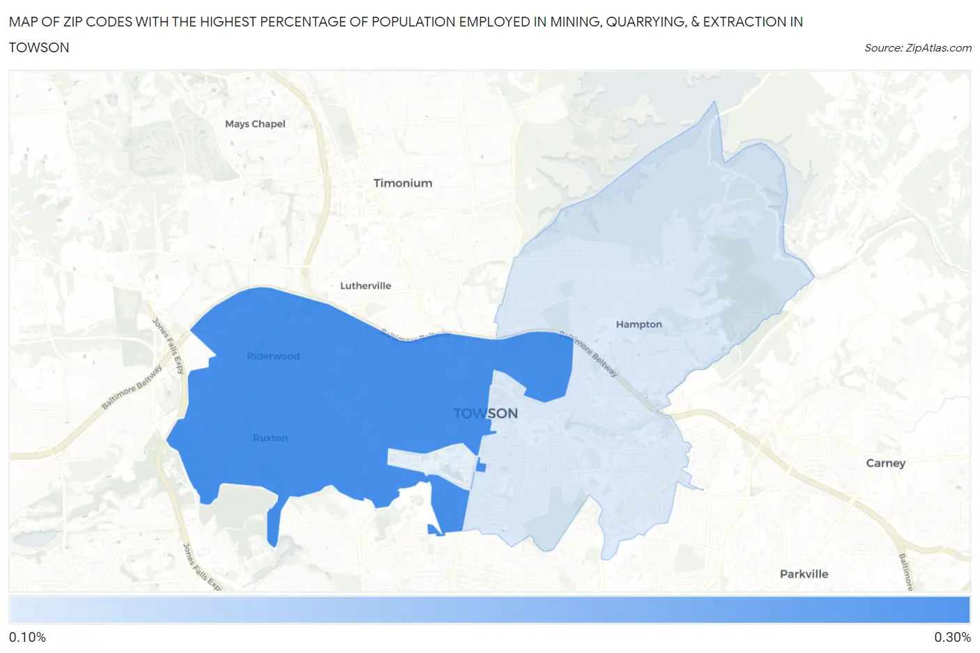Zip Codes with the Highest Percentage of Population Employed in Mining, Quarrying, & Extraction in Towson Map