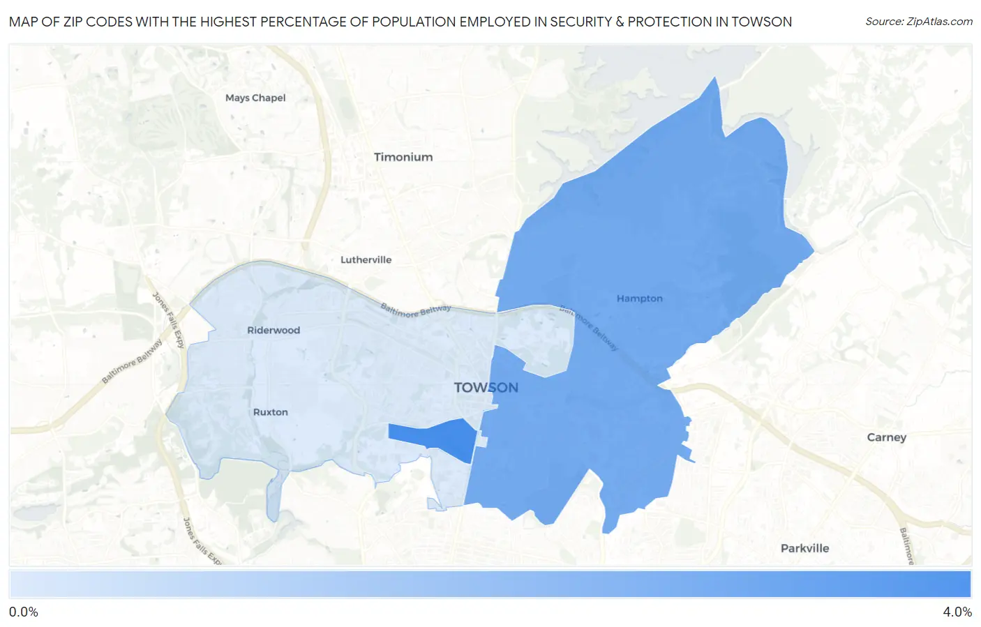 Zip Codes with the Highest Percentage of Population Employed in Security & Protection in Towson Map