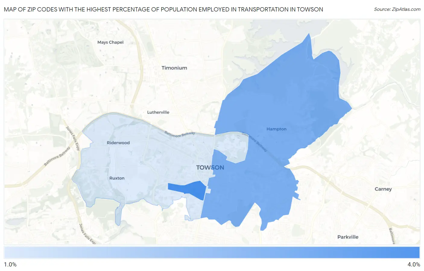 Zip Codes with the Highest Percentage of Population Employed in Transportation in Towson Map