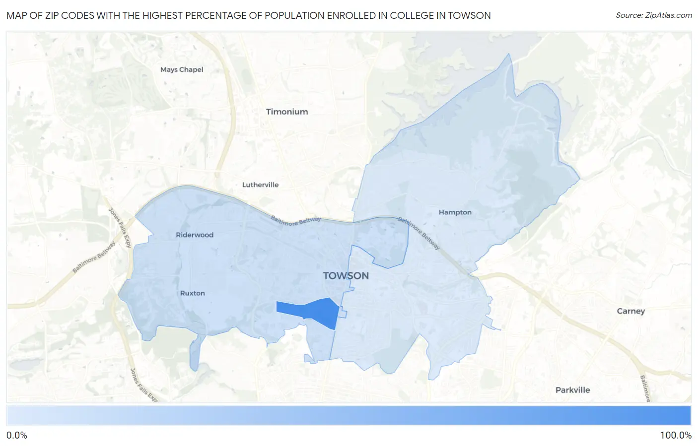 Zip Codes with the Highest Percentage of Population Enrolled in College in Towson Map