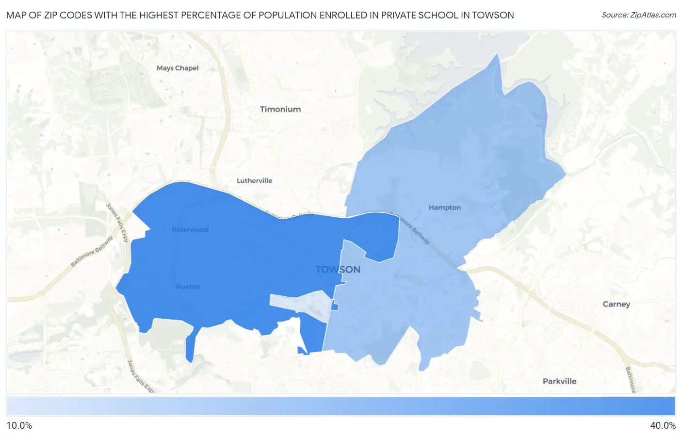 Zip Codes with the Highest Percentage of Population Enrolled in Private School in Towson Map