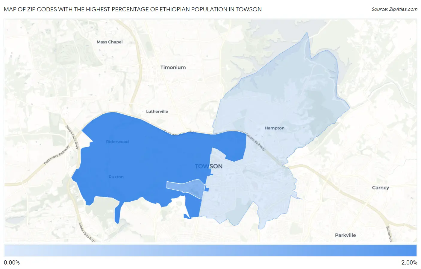 Zip Codes with the Highest Percentage of Ethiopian Population in Towson Map