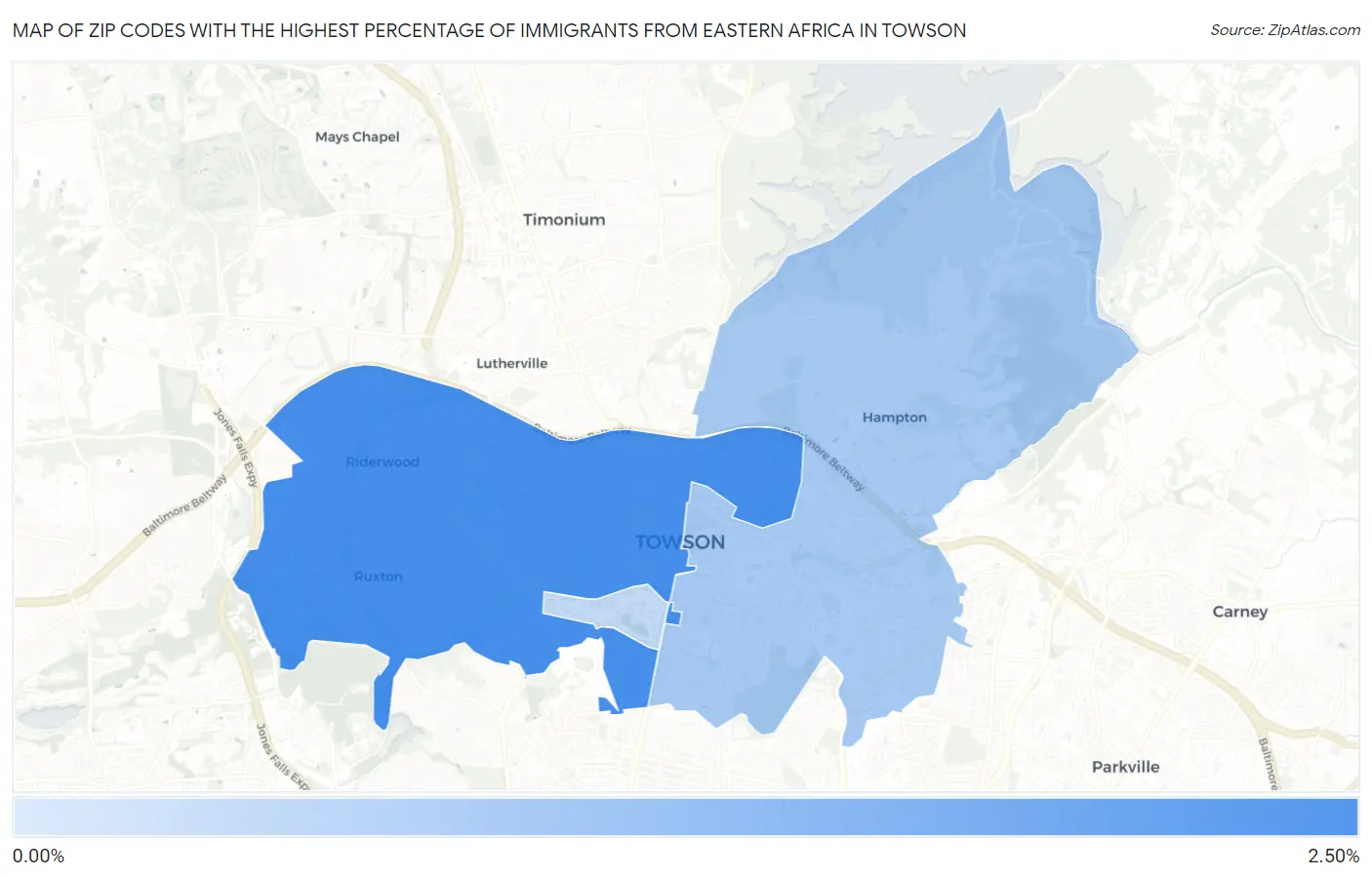 Zip Codes with the Highest Percentage of Immigrants from Eastern Africa in Towson Map