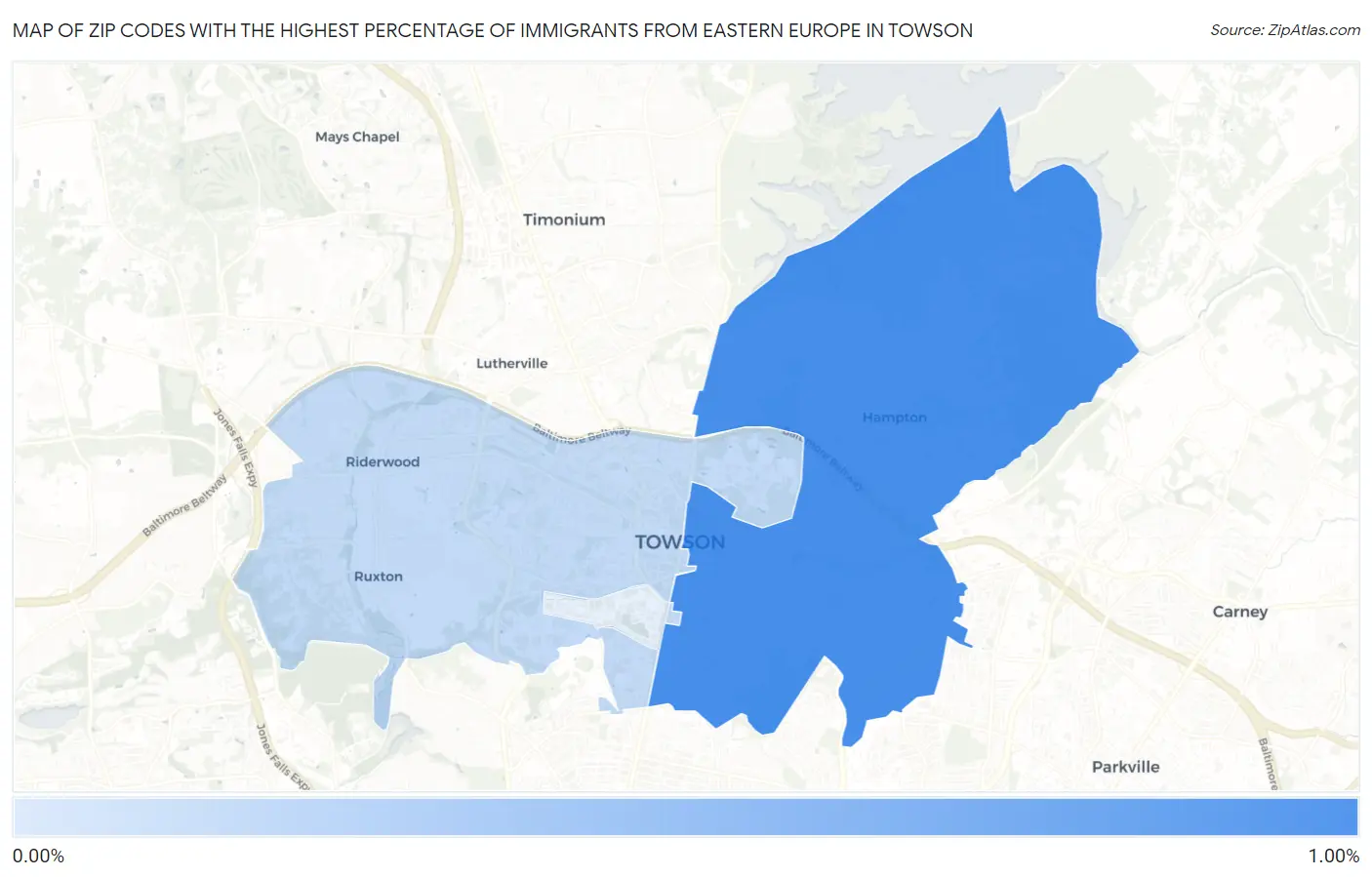 Zip Codes with the Highest Percentage of Immigrants from Eastern Europe in Towson Map