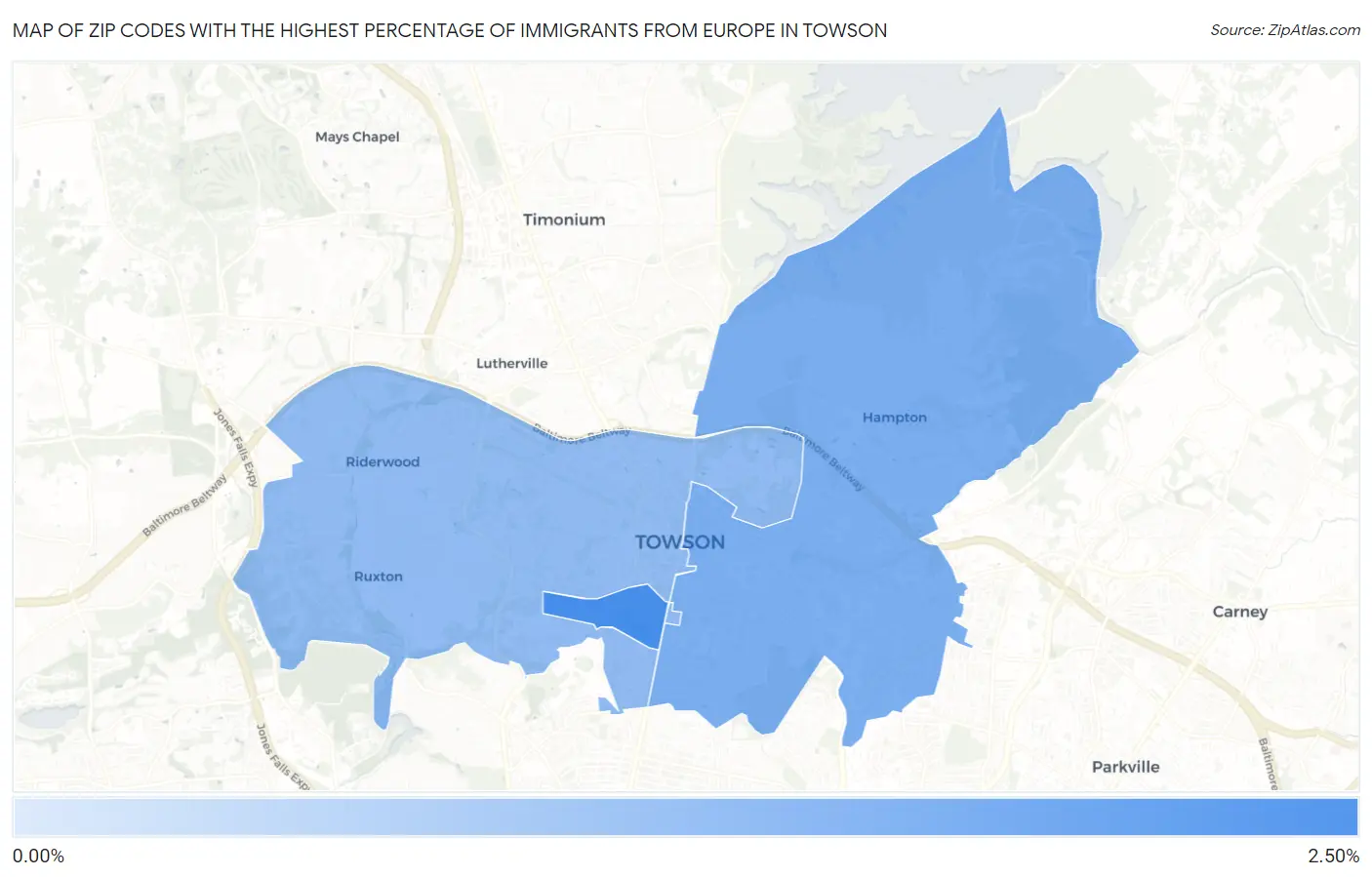 Zip Codes with the Highest Percentage of Immigrants from Europe in Towson Map