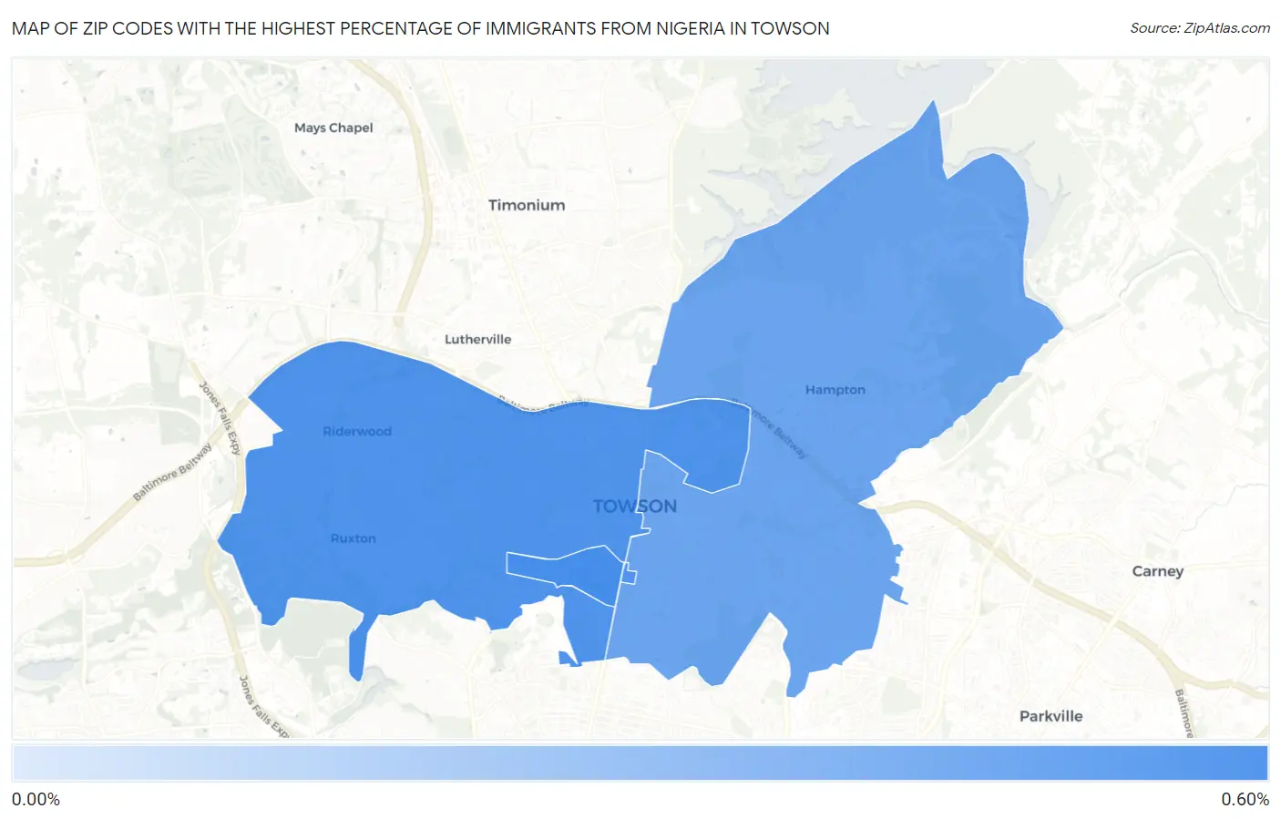 Zip Codes with the Highest Percentage of Immigrants from Nigeria in Towson Map