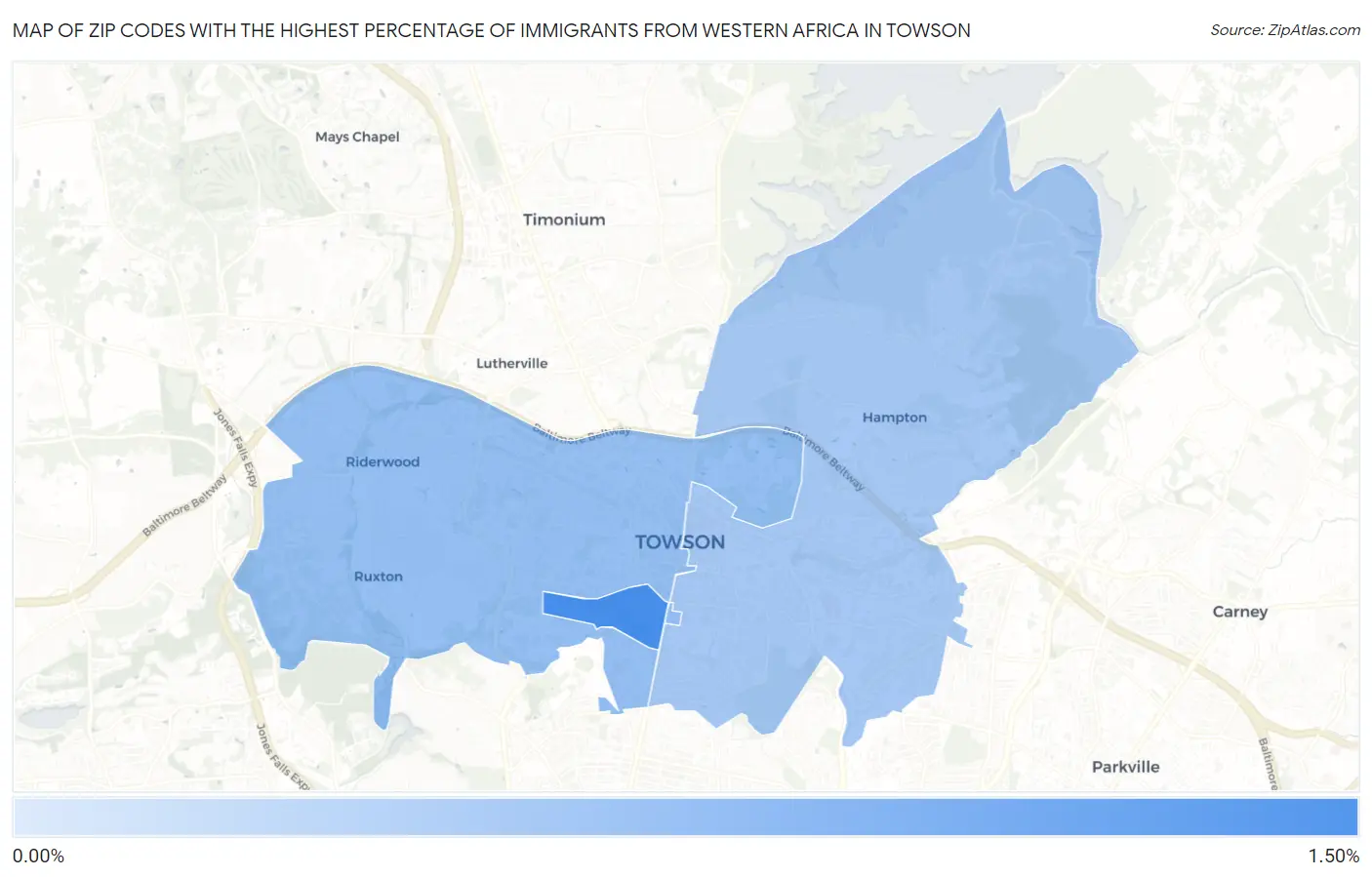 Zip Codes with the Highest Percentage of Immigrants from Western Africa in Towson Map