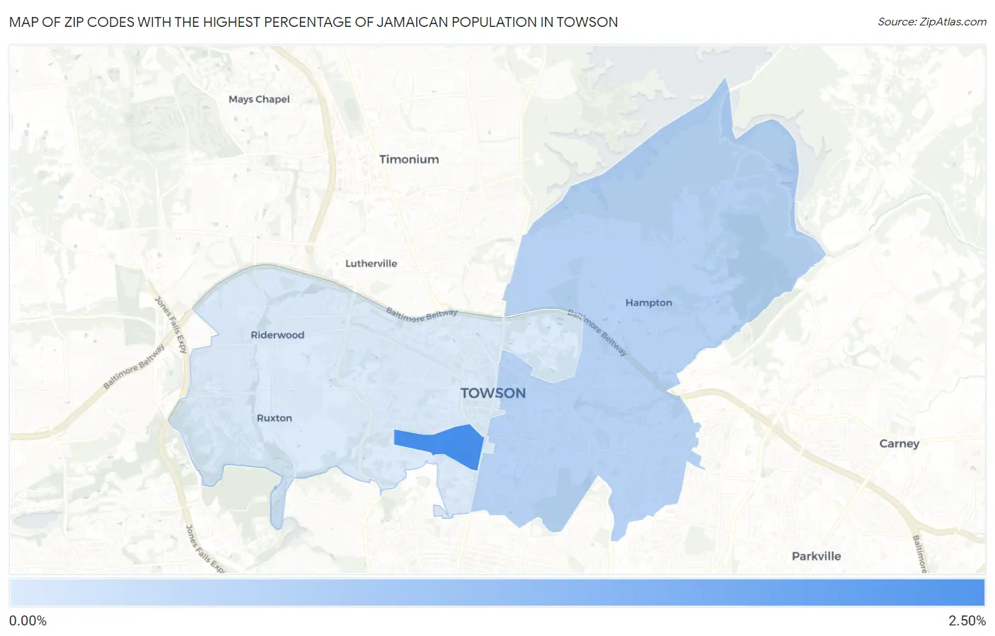 Zip Codes with the Highest Percentage of Jamaican Population in Towson Map