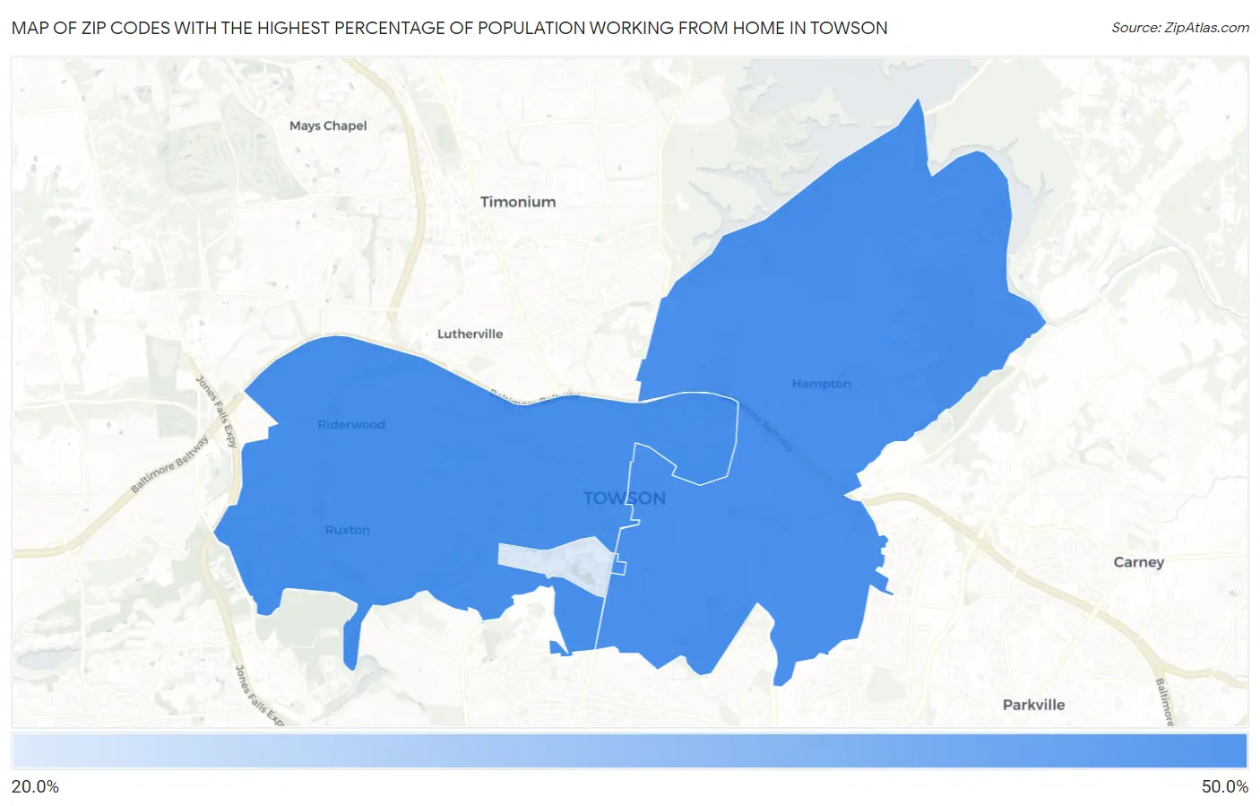 Zip Codes with the Highest Percentage of Population Working from Home in Towson Map