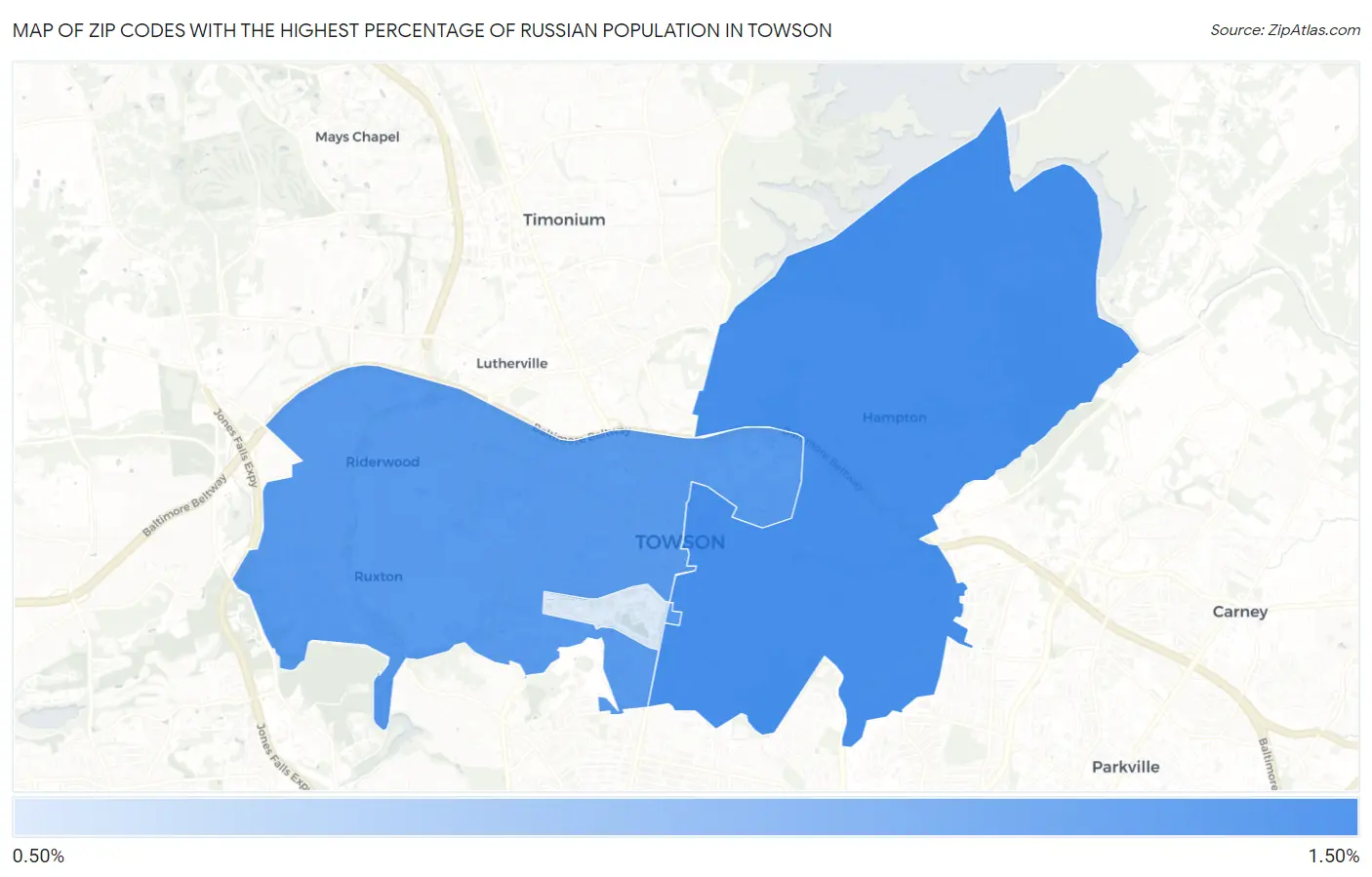 Zip Codes with the Highest Percentage of Russian Population in Towson Map