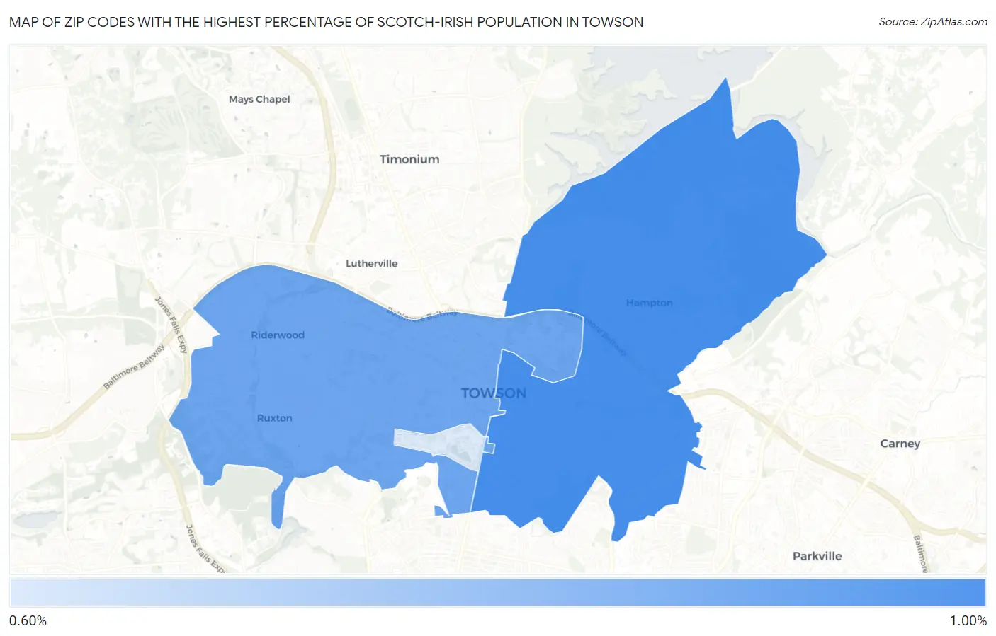 Zip Codes with the Highest Percentage of Scotch-Irish Population in Towson Map