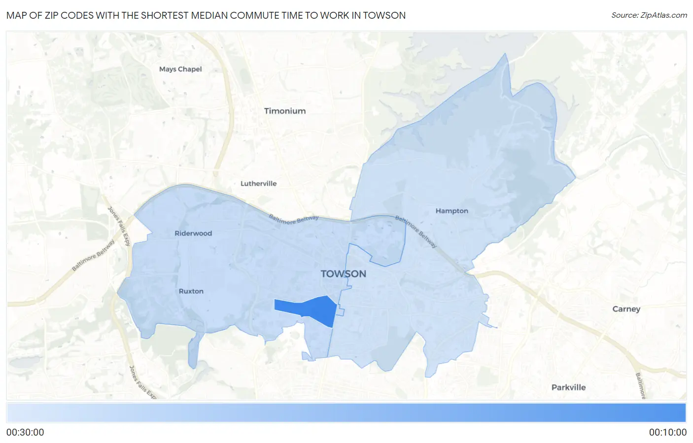Zip Codes with the Shortest Median Commute Time to Work in Towson Map