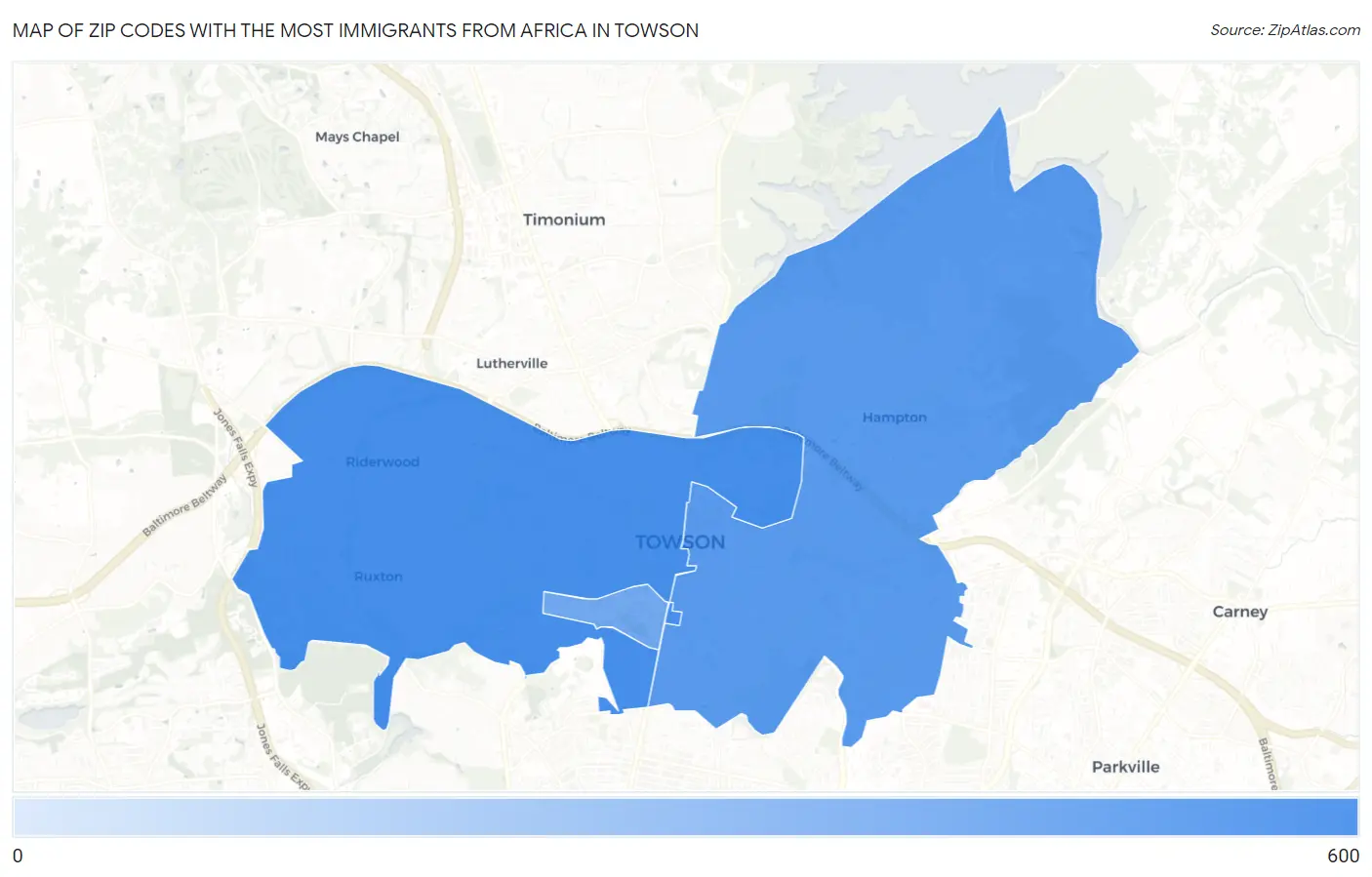 Zip Codes with the Most Immigrants from Africa in Towson Map