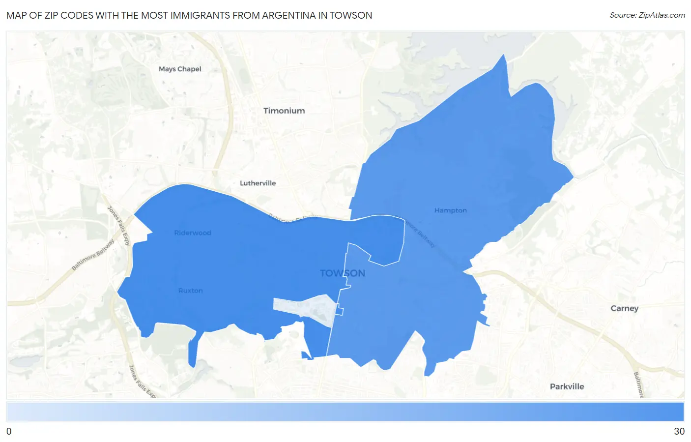 Zip Codes with the Most Immigrants from Argentina in Towson Map