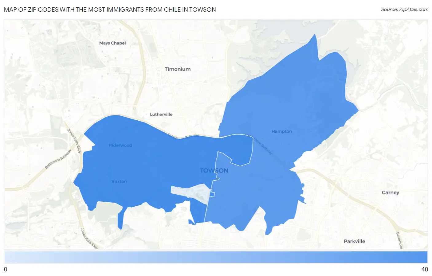 Zip Codes with the Most Immigrants from Chile in Towson Map