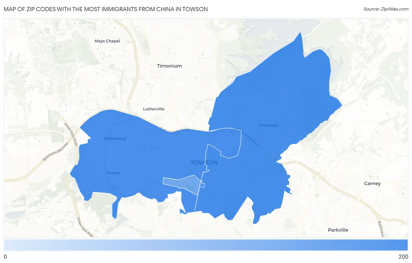 Zip Codes with the Most Immigrants from China in Towson Map