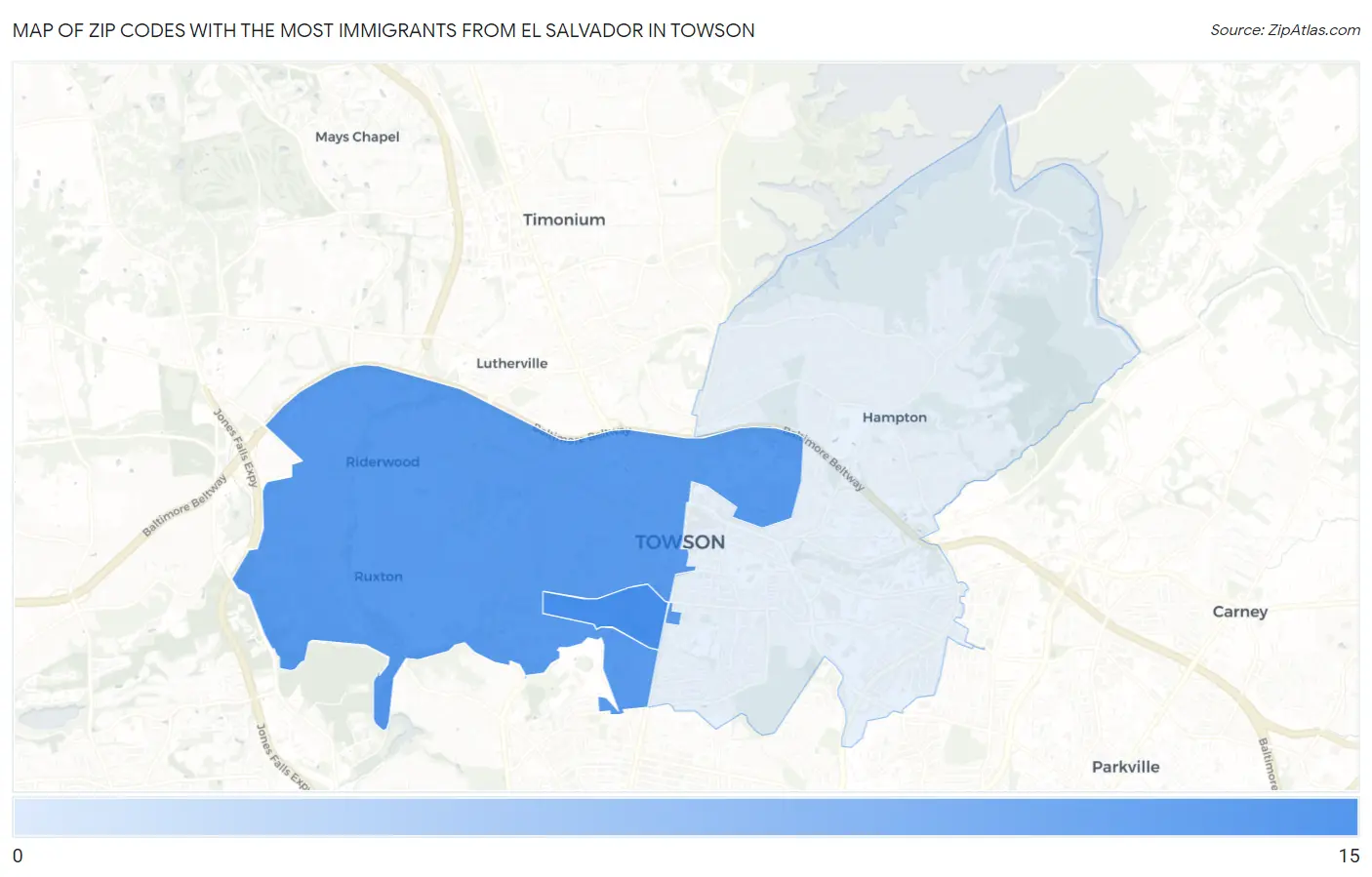 Zip Codes with the Most Immigrants from El Salvador in Towson Map