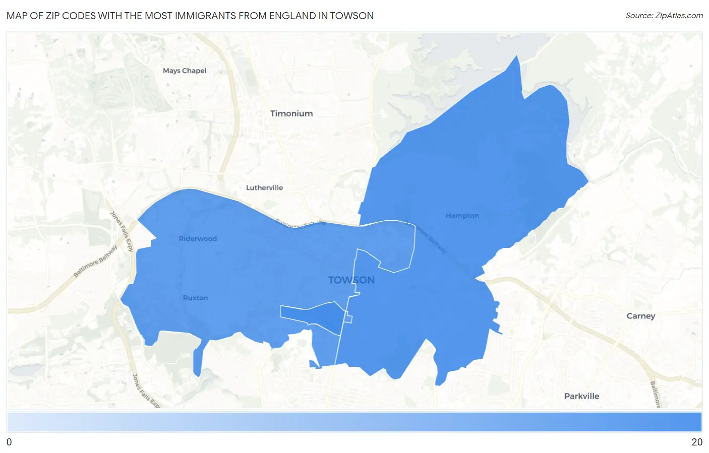 Zip Codes with the Most Immigrants from England in Towson Map